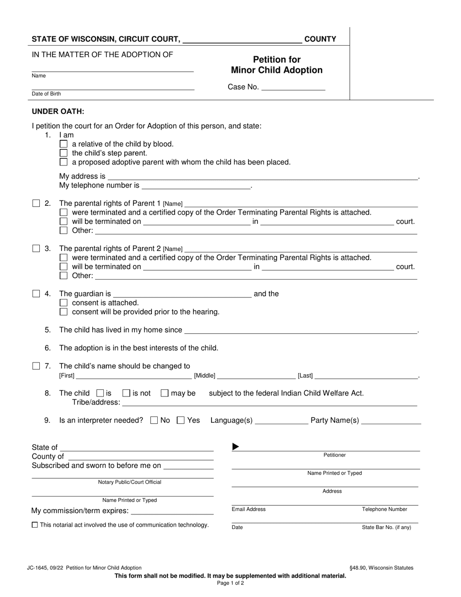 Form JC-1645 Petition for Minor Child Adoption - Wisconsin, Page 1