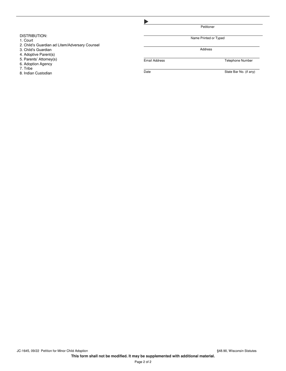 Form JC-1645 Petition for Minor Child Adoption - Wisconsin, Page 2