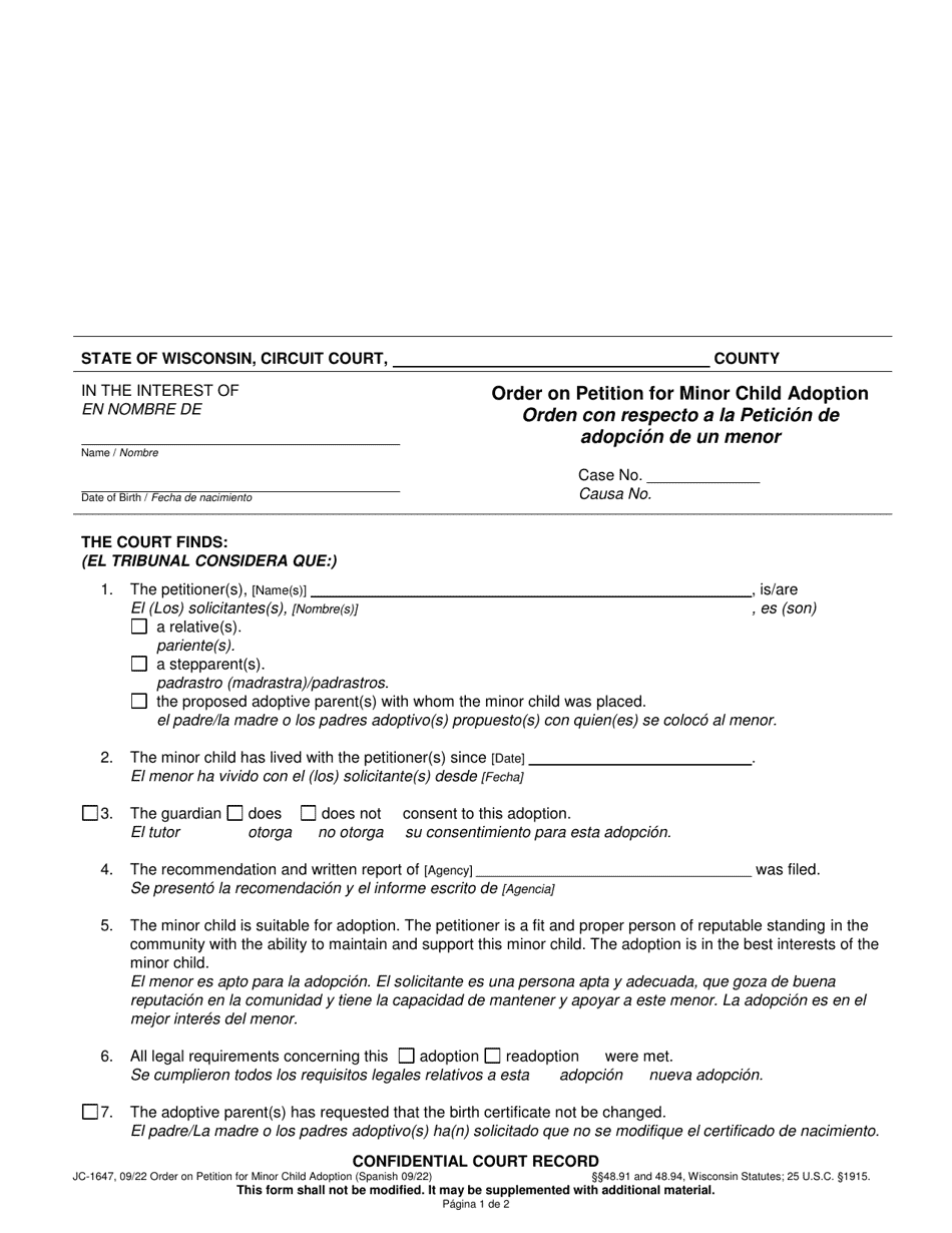 Form JC-1647 Order on Petition for Minor Child Adoption - Wisconsin (English / Spanish), Page 1