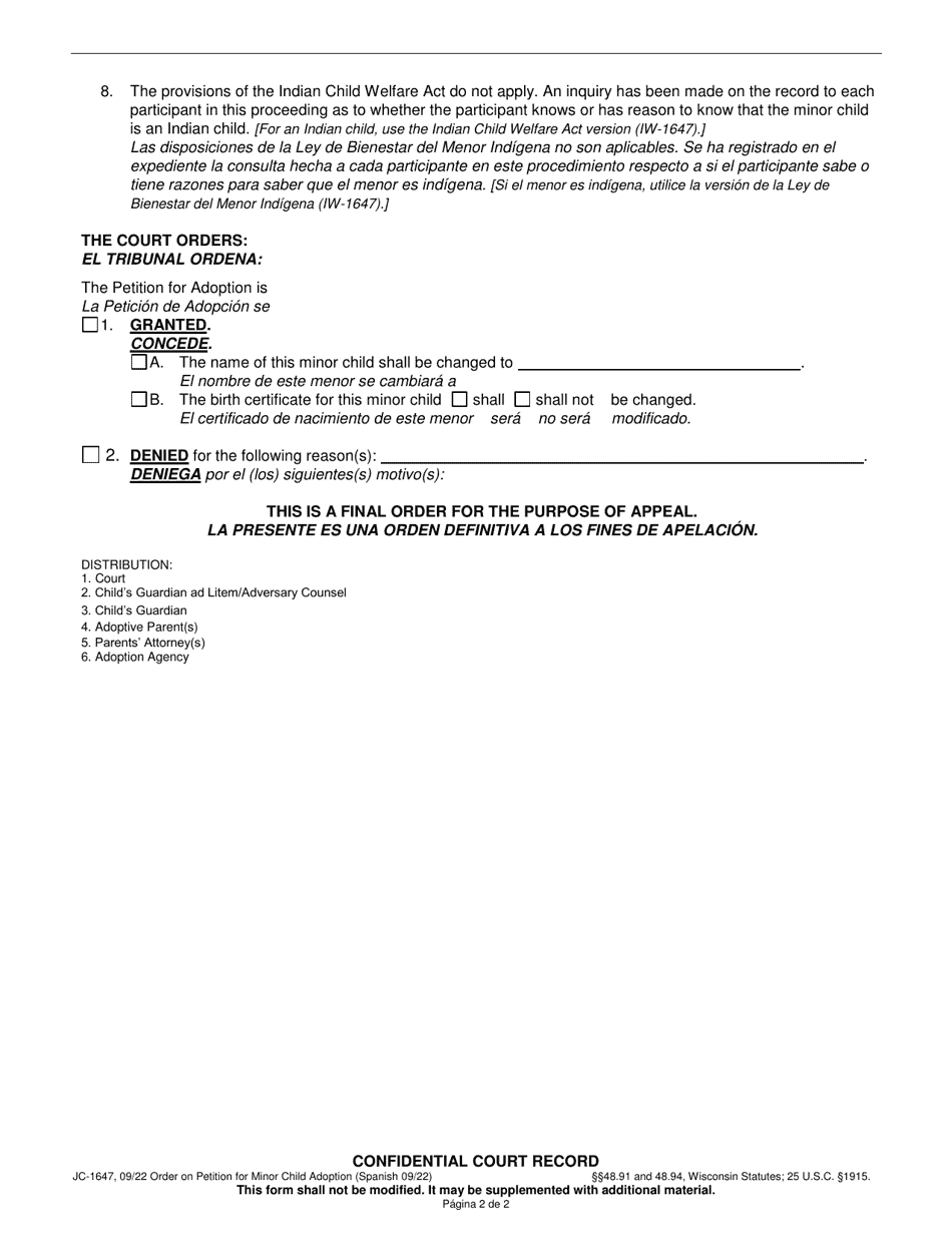 Form JC-1647 Order on Petition for Minor Child Adoption - Wisconsin (English / Spanish), Page 2