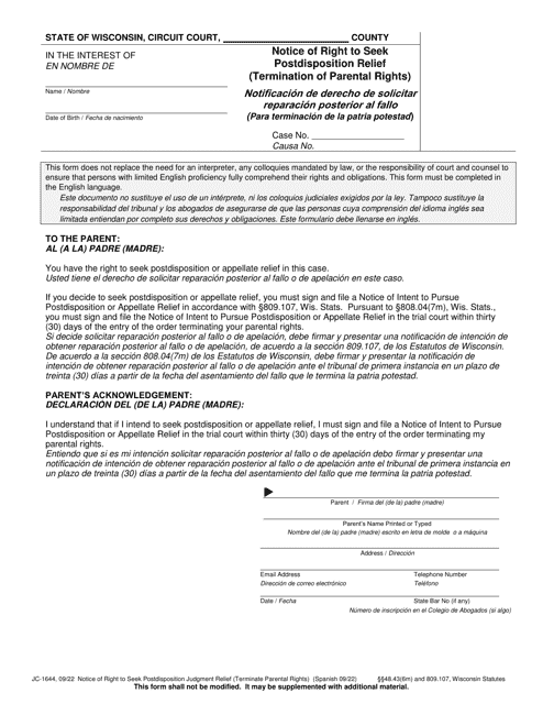 Form JC-1644 Notice of Right to Seek Postdisposition Relief (Termination of Parental Rights) - Wisconsin (English/Spanish)