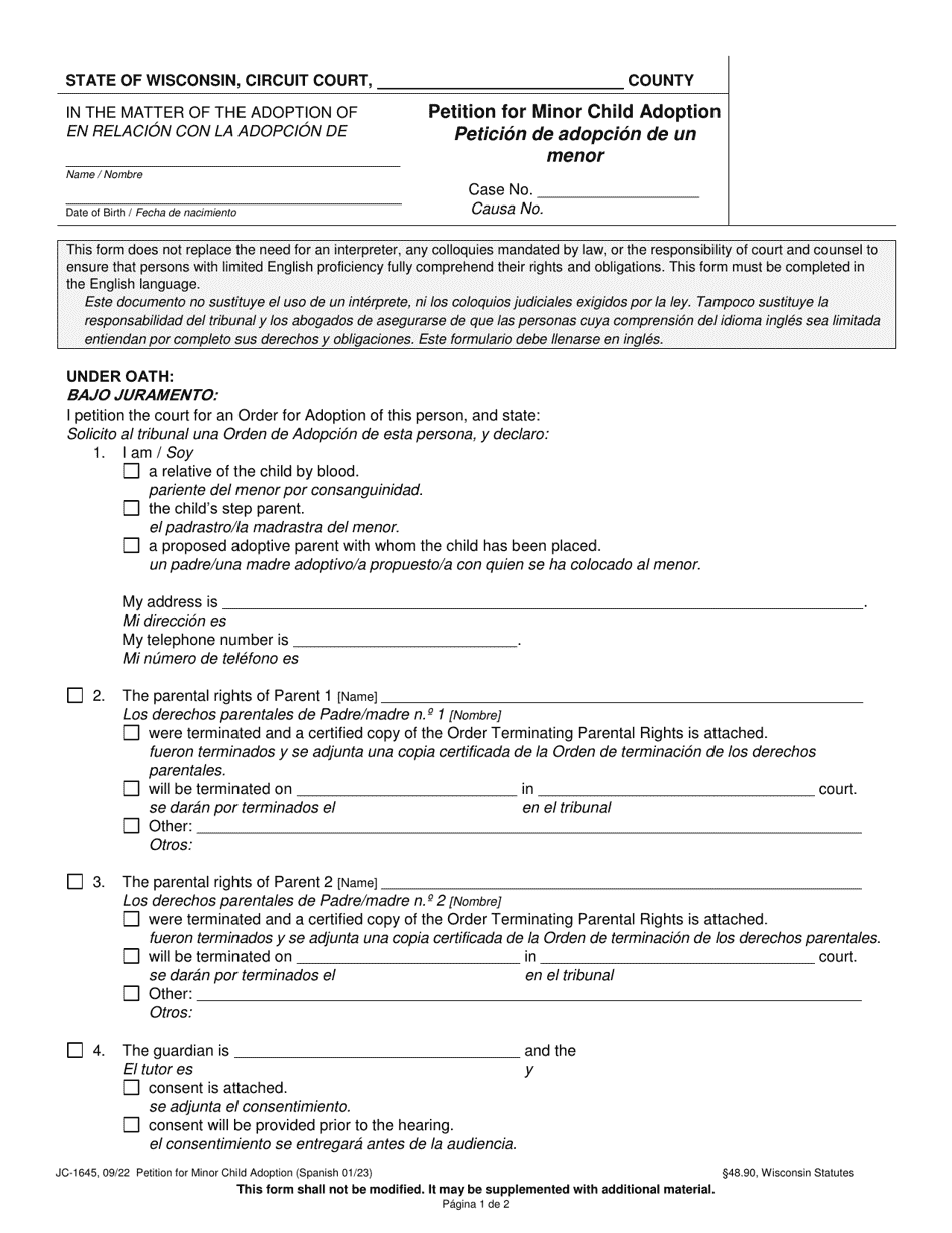Form JC-1645 Petition for Minor Child Adoption - Wisconsin (English / Spanish), Page 1