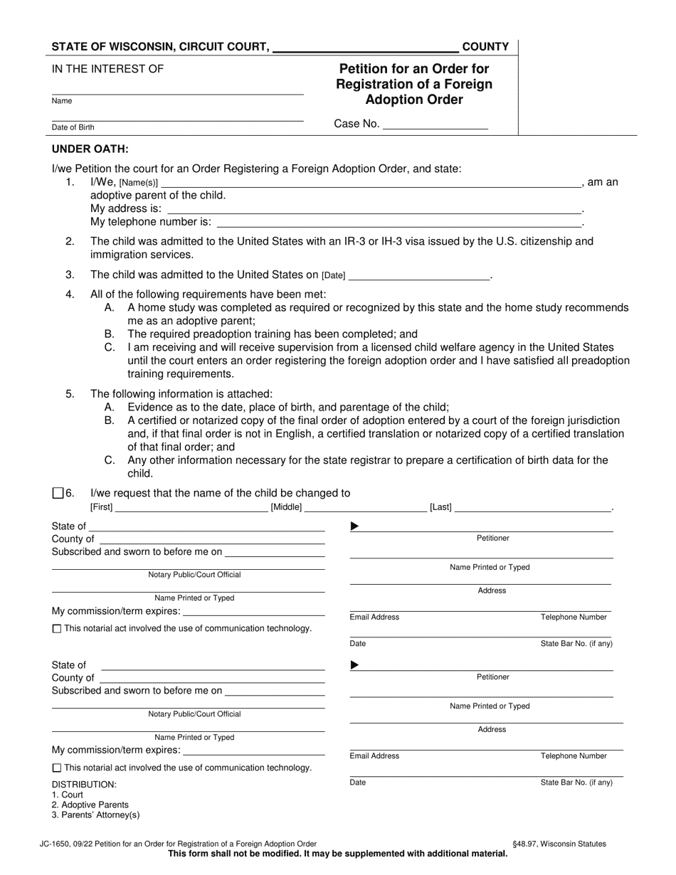 Form JC-1650 Petition for an Order for Registration of a Foreign Adoption Order - Wisconsin, Page 1