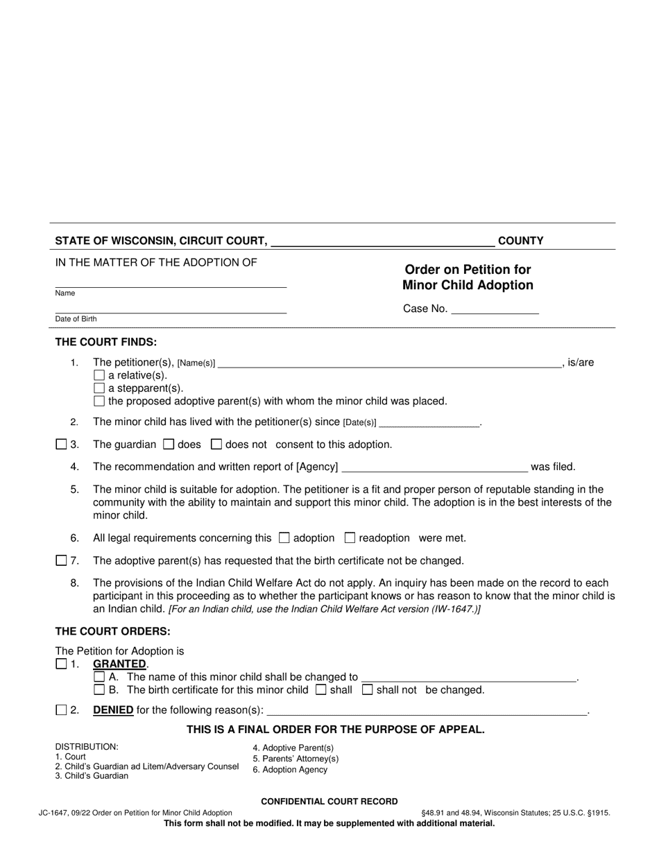 Form JC-1647 Order on Petition for Minor Child Adoption - Wisconsin, Page 1