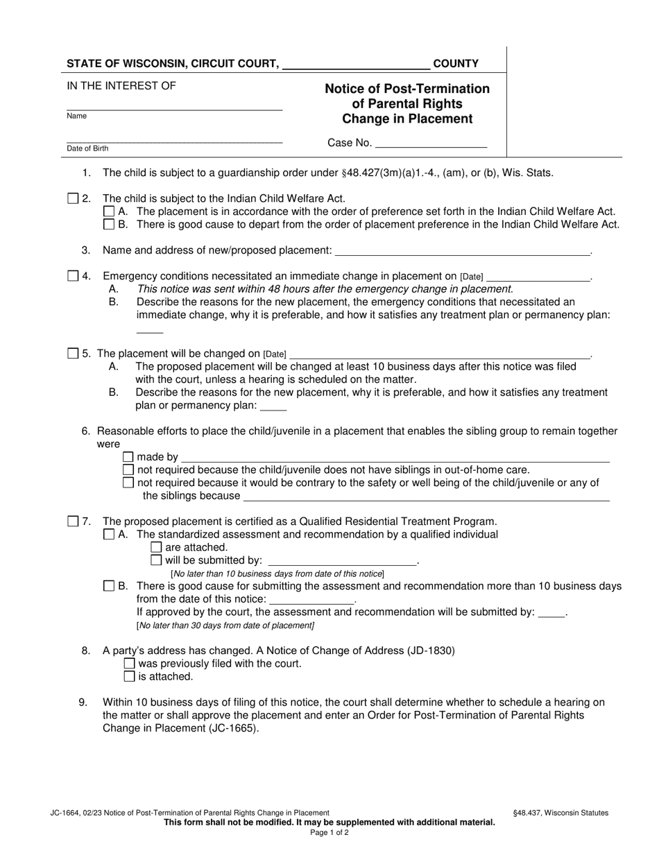 Form JC-1664 Notice of Post-termination of Parental Rights Change in Placement - Wisconsin, Page 1