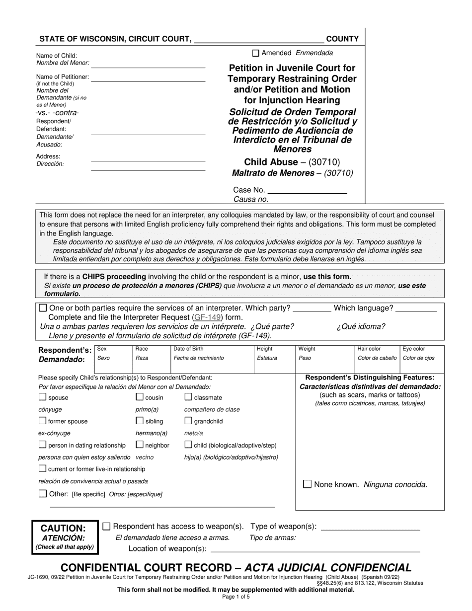 Form JC-1690 Petition in Juvenile Court for Temporary Restraining Order and / or Petition and Motion for Injunction Hearing - Wisconsin (English / Spanish), Page 1