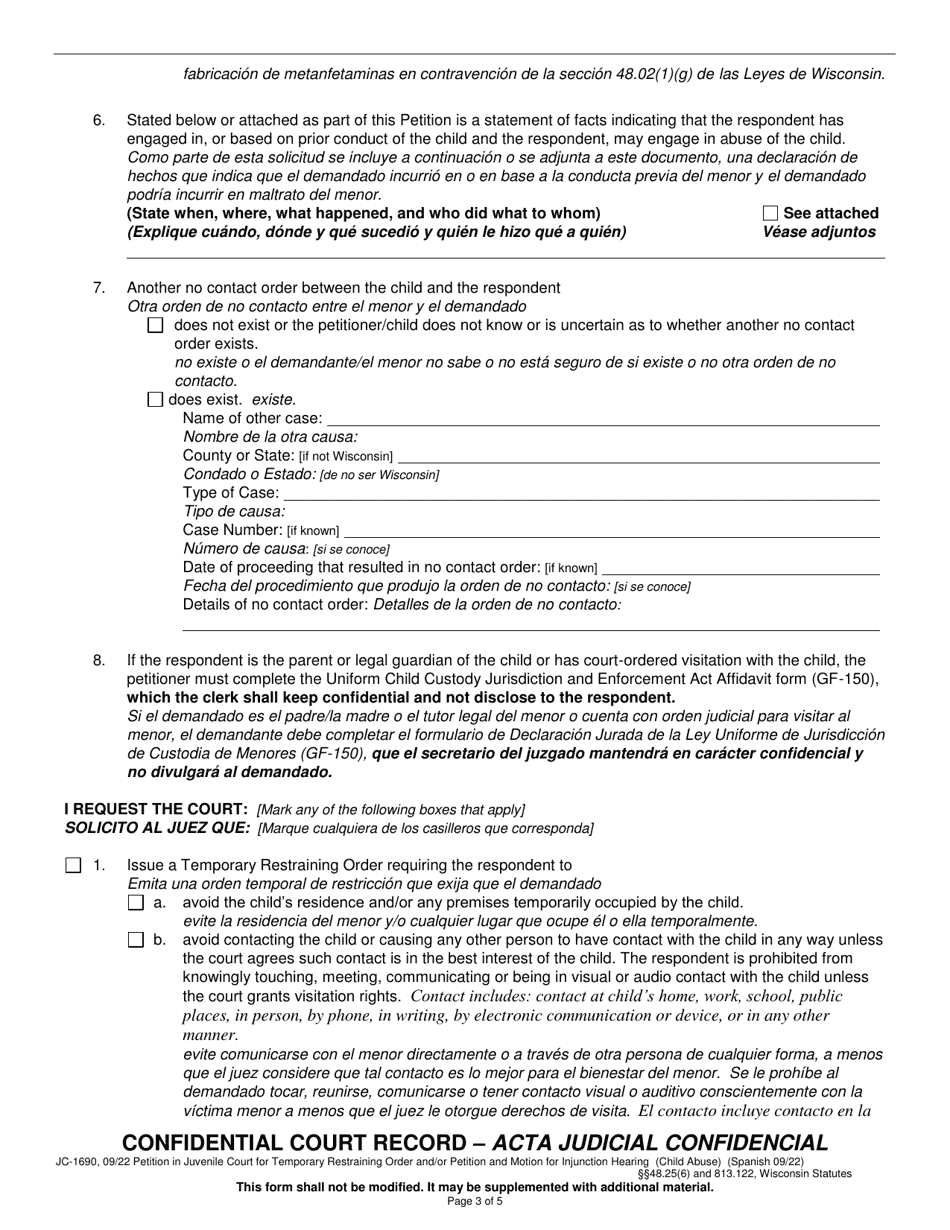 Form JC-1690 Petition in Juvenile Court for Temporary Restraining Order and / or Petition and Motion for Injunction Hearing - Wisconsin (English / Spanish), Page 3