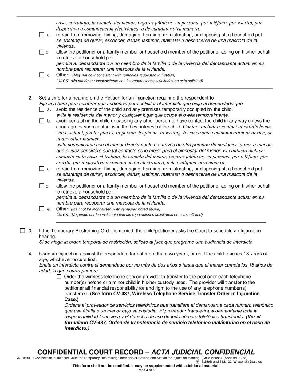Form JC-1690 Petition in Juvenile Court for Temporary Restraining Order and / or Petition and Motion for Injunction Hearing - Wisconsin (English / Spanish), Page 4