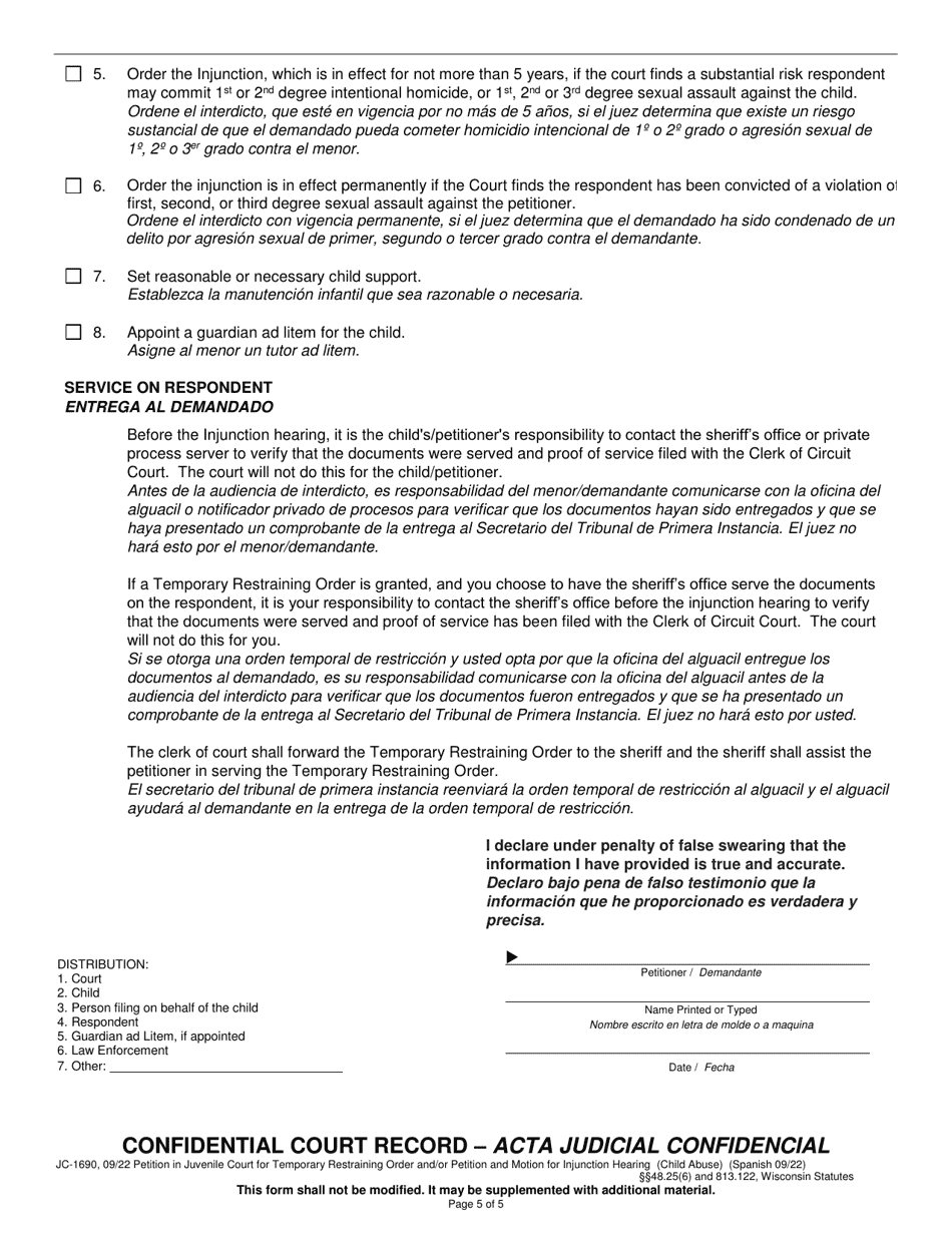 Form JC-1690 Petition in Juvenile Court for Temporary Restraining Order and / or Petition and Motion for Injunction Hearing - Wisconsin (English / Spanish), Page 5