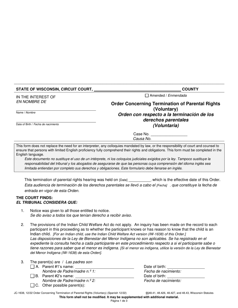 Form JC-1638 Order Concerning Termination of Parental Rights (Voluntary) - Wisconsin, Page 1