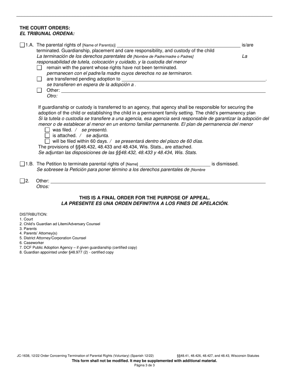 Form JC-1638 Order Concerning Termination of Parental Rights (Voluntary) - Wisconsin, Page 3
