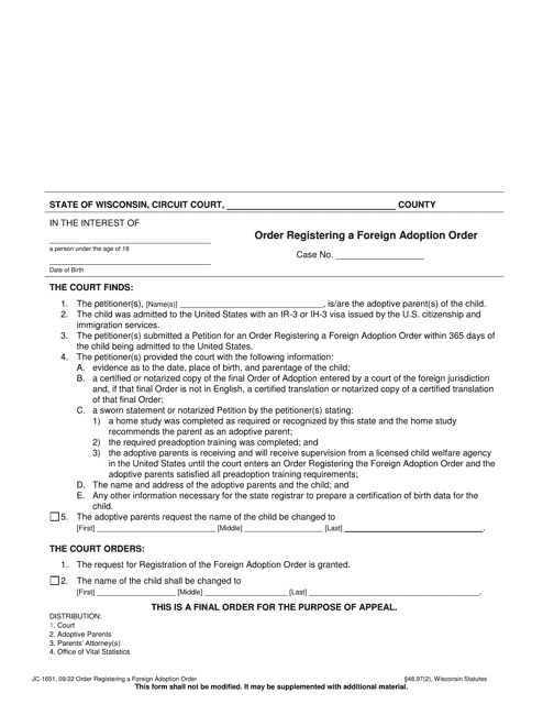 Form JC-1651 Order Registering a Foreign Adoption Order - Wisconsin