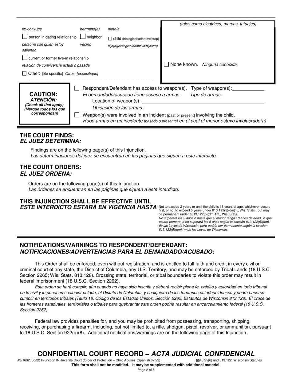 Form JC-1692 Injunction in Juvenile Court - Child Abuse - Wisconsin (English / Spanish), Page 2
