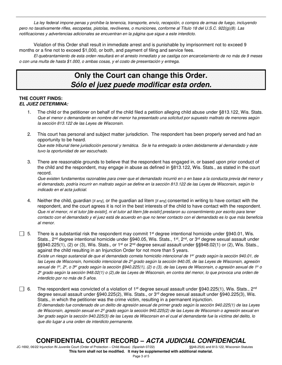 Form JC-1692 Injunction in Juvenile Court - Child Abuse - Wisconsin (English / Spanish), Page 3