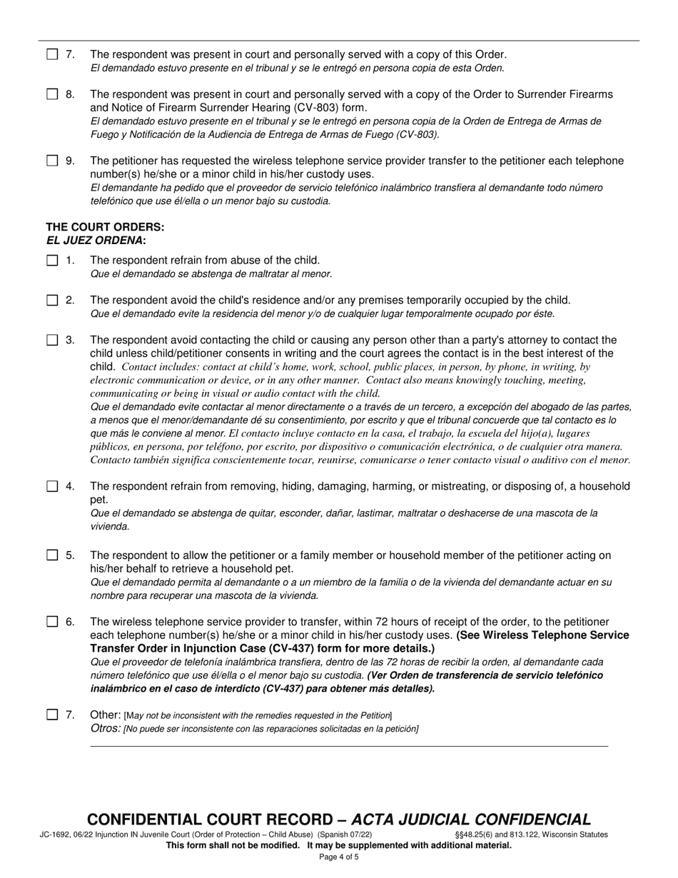 Form JC-1692 Injunction in Juvenile Court - Child Abuse - Wisconsin (English / Spanish), Page 4