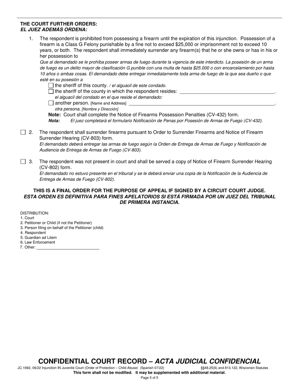 Form JC-1692 Injunction in Juvenile Court - Child Abuse - Wisconsin (English / Spanish), Page 5