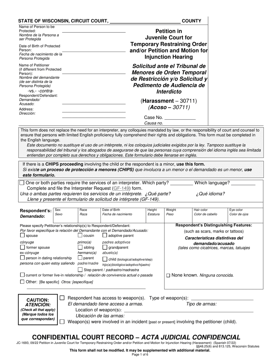 Form JC1693 Download Printable PDF or Fill Online Petition in Juvenile