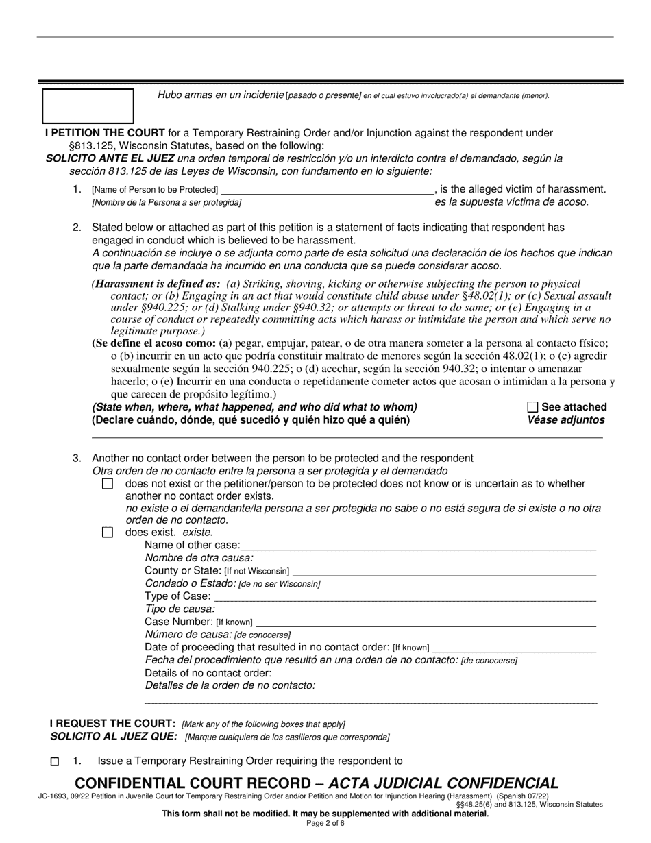 Form JC-1693 Petition in Juvenile Court for Temporary Restraining Order and / or Petition and Motion for Injunction Hearing - Wisconsin (English / Spanish), Page 2