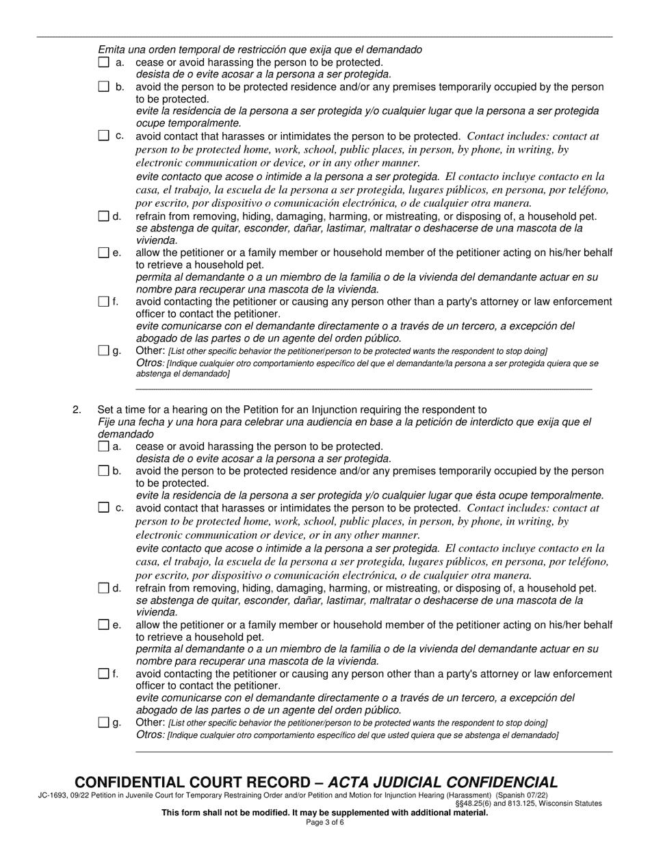 Form JC-1693 Petition in Juvenile Court for Temporary Restraining Order and / or Petition and Motion for Injunction Hearing - Wisconsin (English / Spanish), Page 3