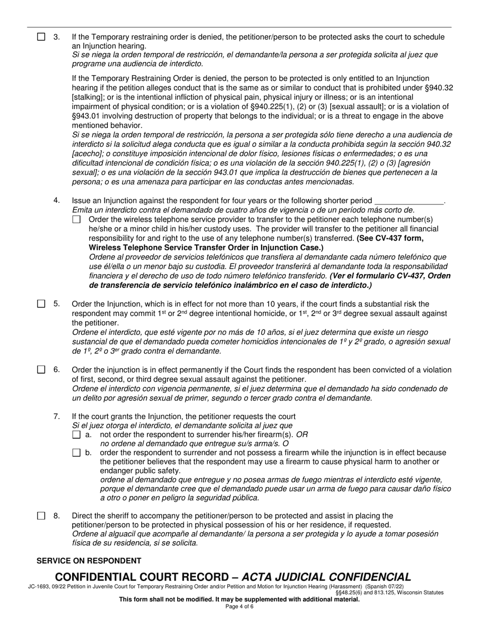 Form JC-1693 Petition in Juvenile Court for Temporary Restraining Order and / or Petition and Motion for Injunction Hearing - Wisconsin (English / Spanish), Page 4