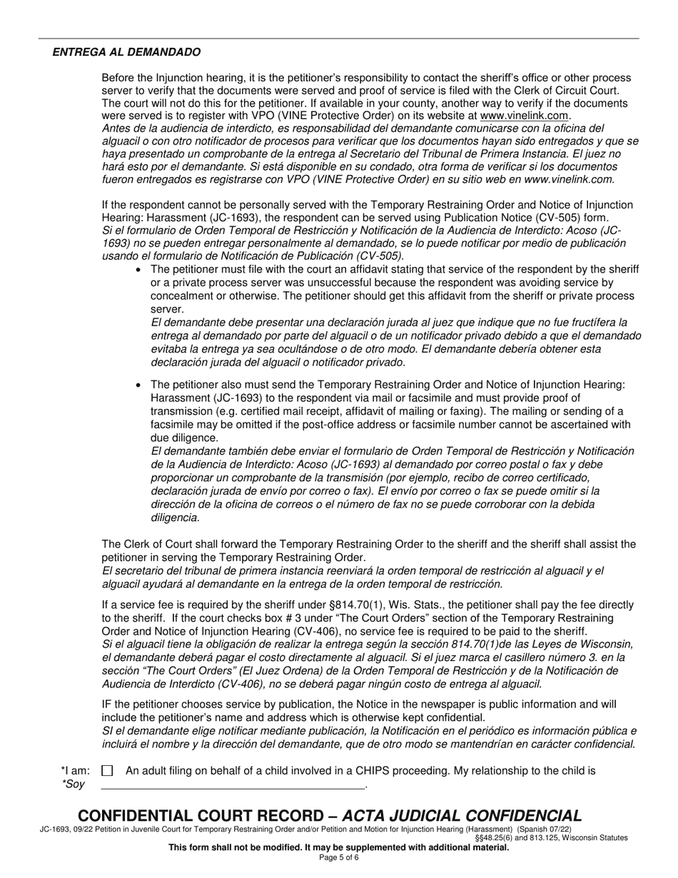 Form JC-1693 Petition in Juvenile Court for Temporary Restraining Order and / or Petition and Motion for Injunction Hearing - Wisconsin (English / Spanish), Page 5