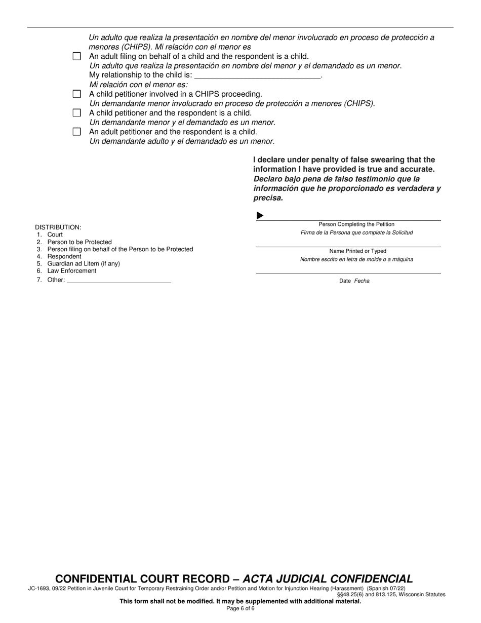 Form JC-1693 Petition in Juvenile Court for Temporary Restraining Order and / or Petition and Motion for Injunction Hearing - Wisconsin (English / Spanish), Page 6