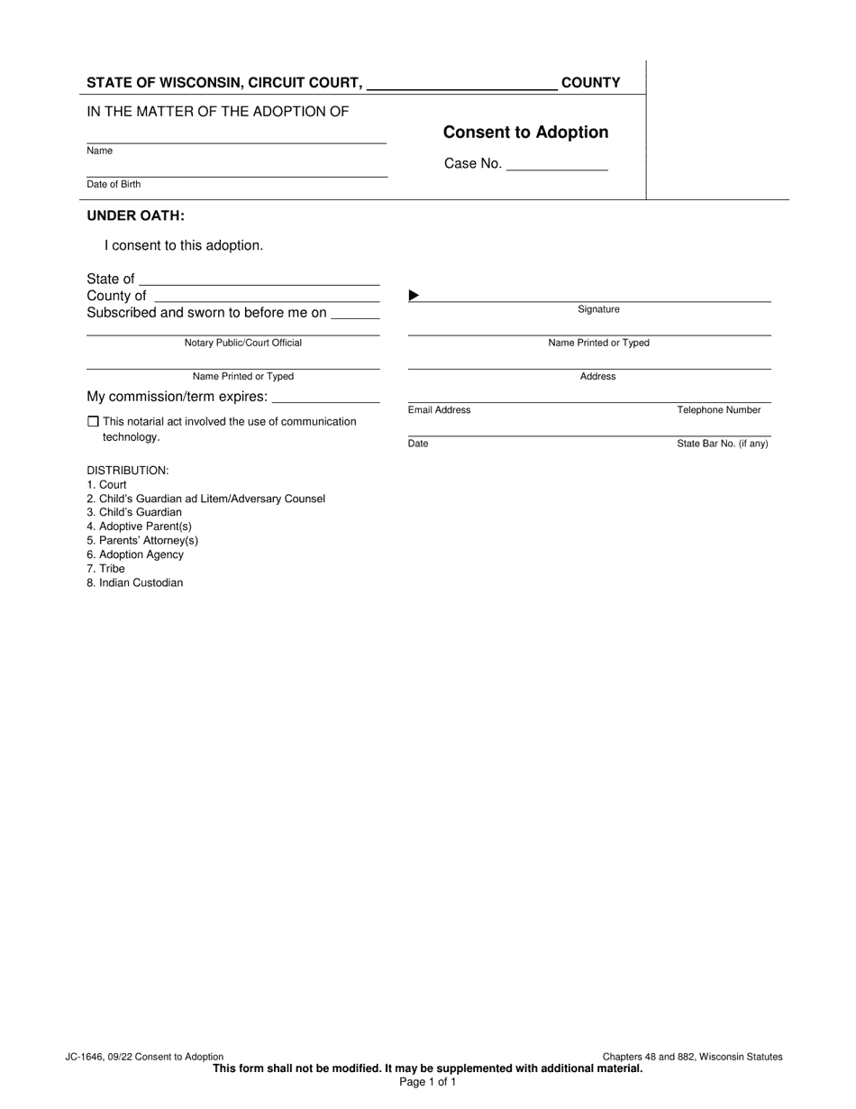 Form JC-1646 Consent to Adoption - Wisconsin, Page 1