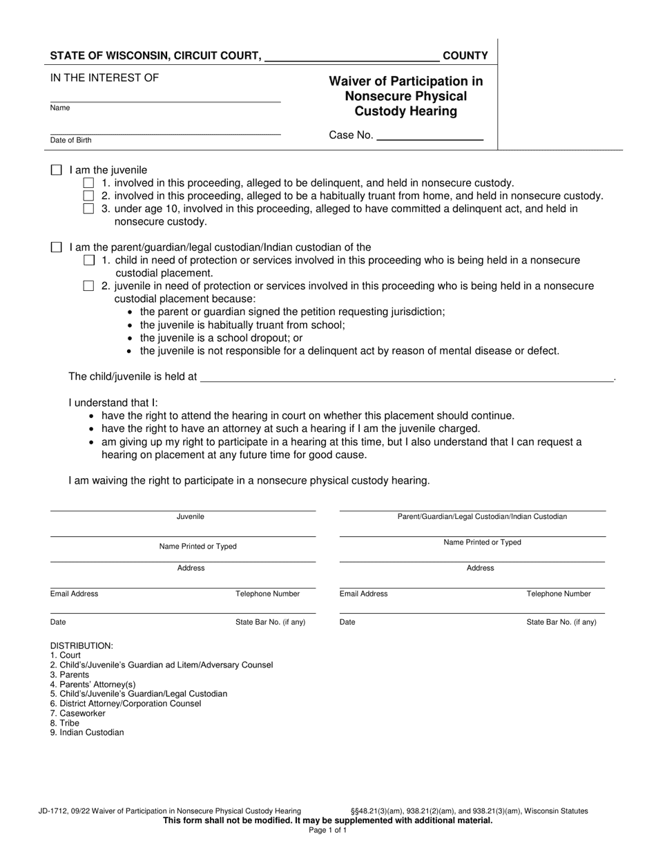 Form JD-1712 Waiver of Participation in Nonsecure Physical Custody Hearing - Wisconsin, Page 1