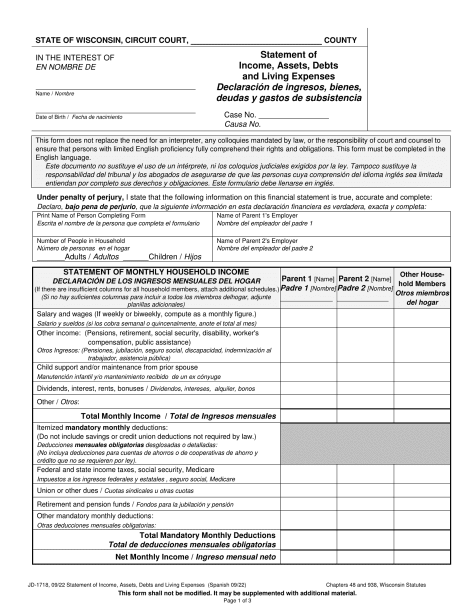 Form JD-1718 Statement of Income, Assets, Debts and Living Expenses - Wisconsin (English / Spanish), Page 1