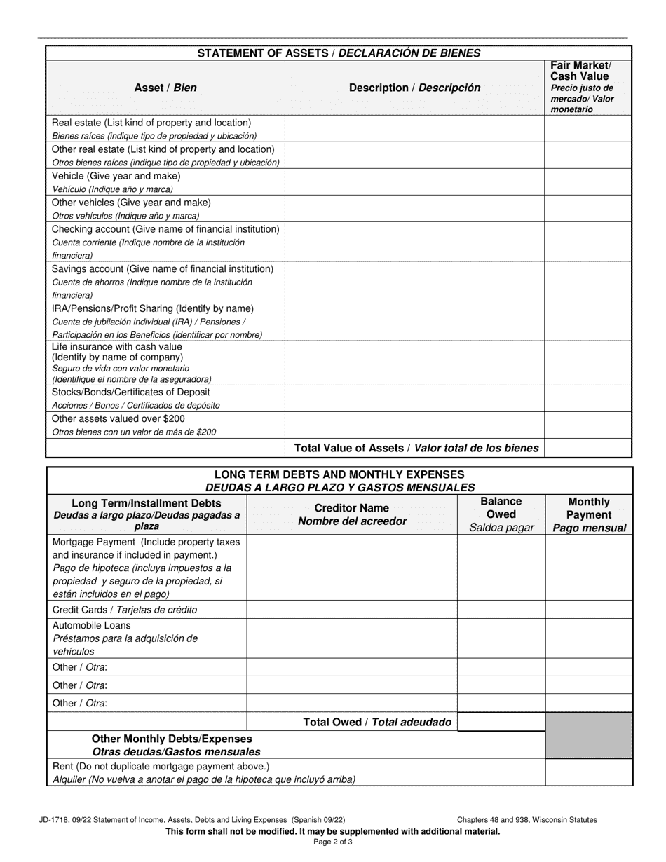 Form JD-1718 Statement of Income, Assets, Debts and Living Expenses - Wisconsin (English / Spanish), Page 2
