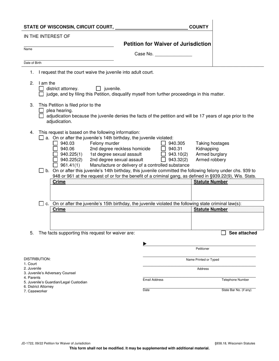Form JD-1722 Petition for Waiver of Jurisdiction - Wisconsin, Page 1