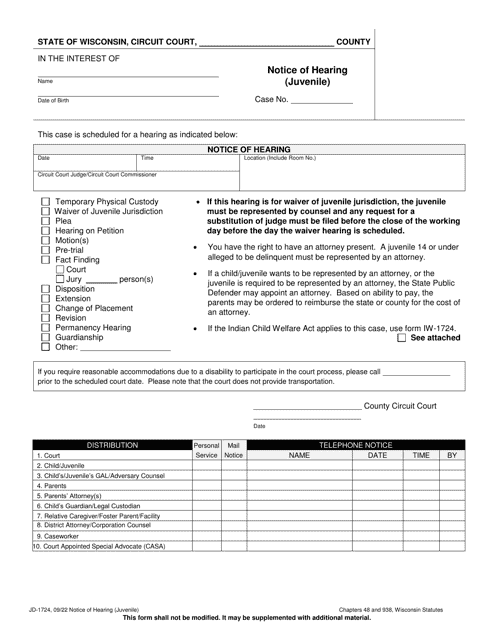 Form JD-1724 Notice of Hearing (Juvenile) - Wisconsin