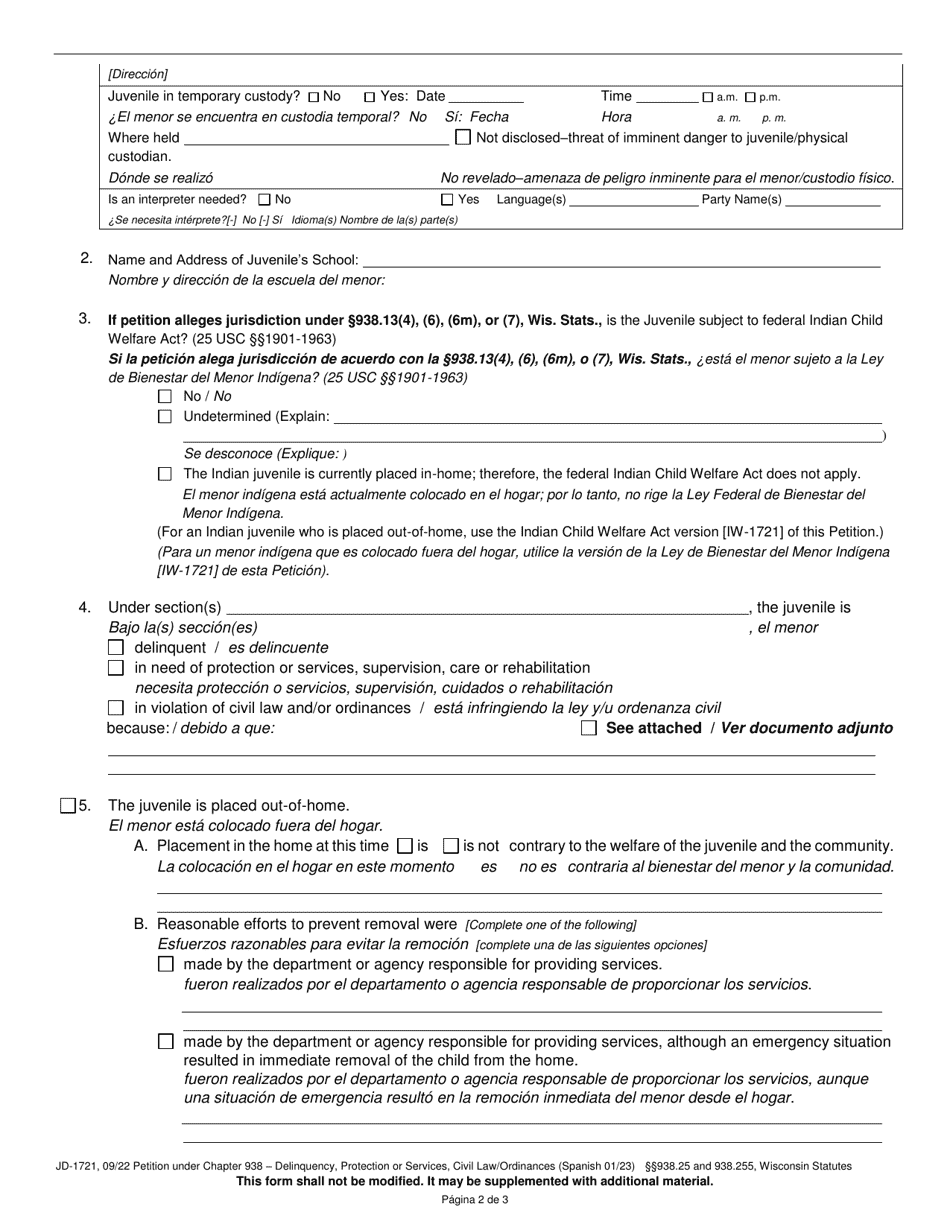 Form JD-1721 Petition Under Chapter 938 - Delinquency, Protection or Services, Civil Law / Ordinances - Wisconsin (English / Spanish), Page 2
