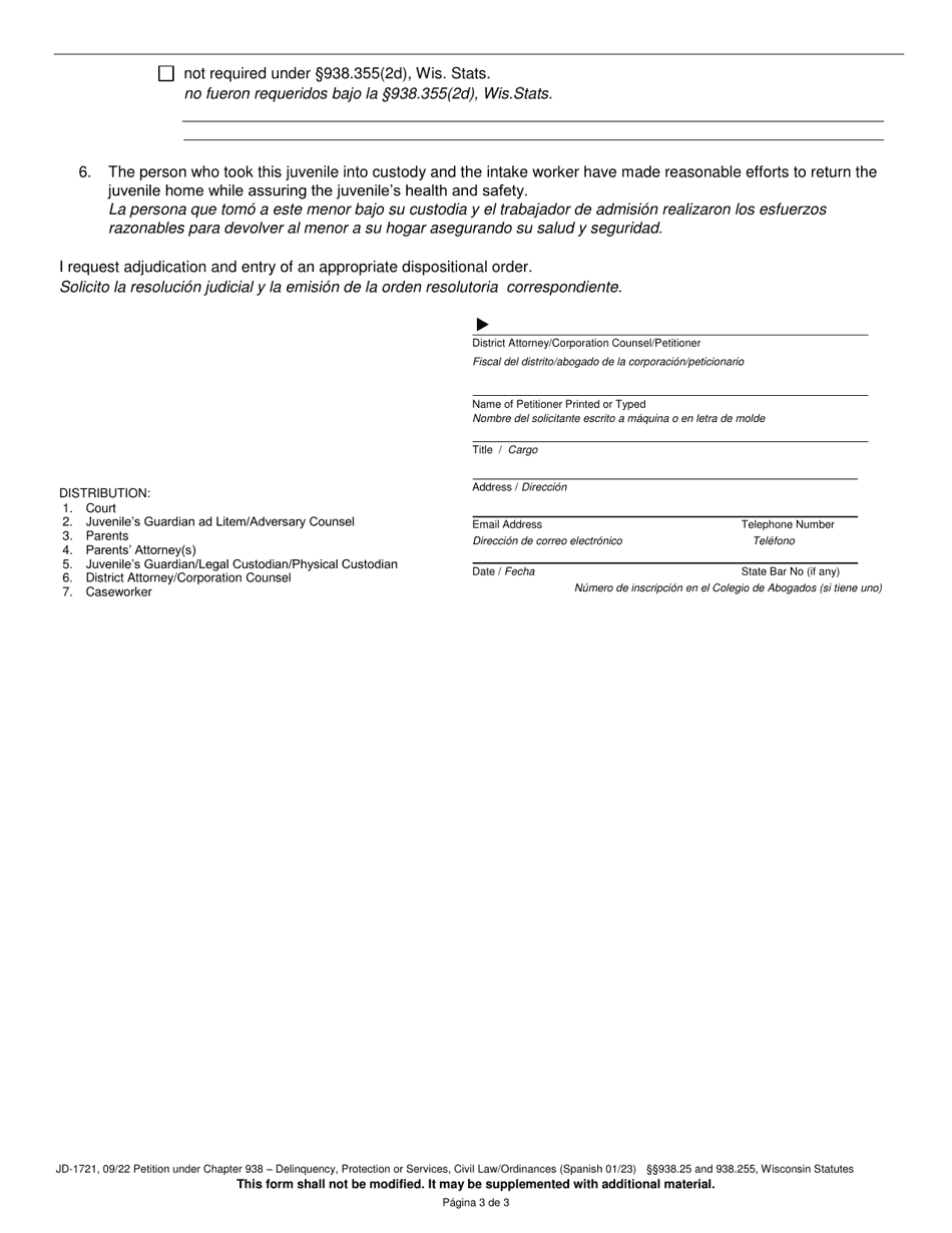 Form JD-1721 Petition Under Chapter 938 - Delinquency, Protection or Services, Civil Law / Ordinances - Wisconsin (English / Spanish), Page 3