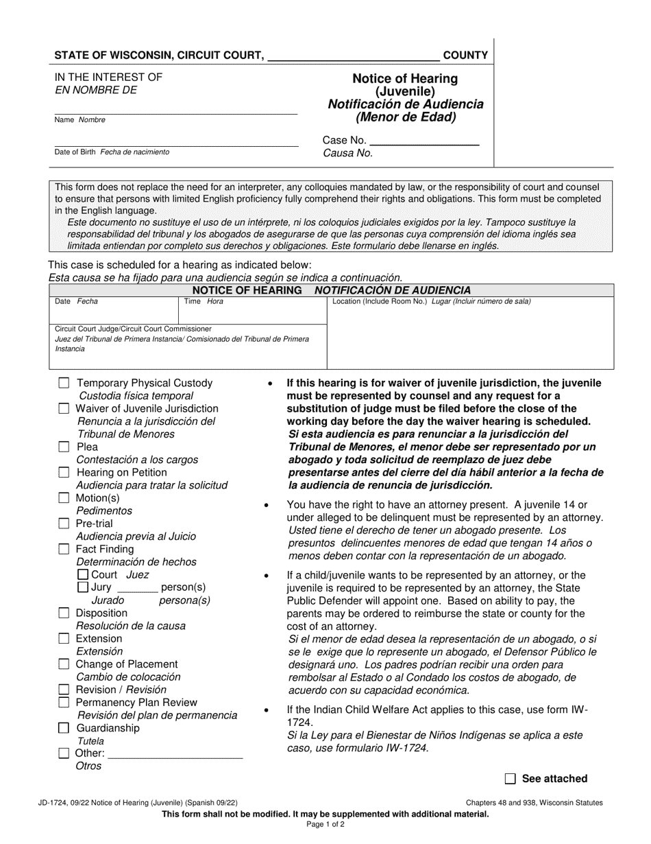 Form JD1724 Download Printable PDF or Fill Online Notice of Hearing