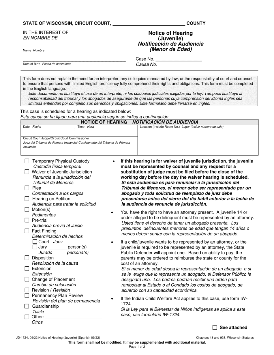 Form JD-1724 Notice of Hearing (Juvenile) - Wisconsin (English / Spanish), Page 1