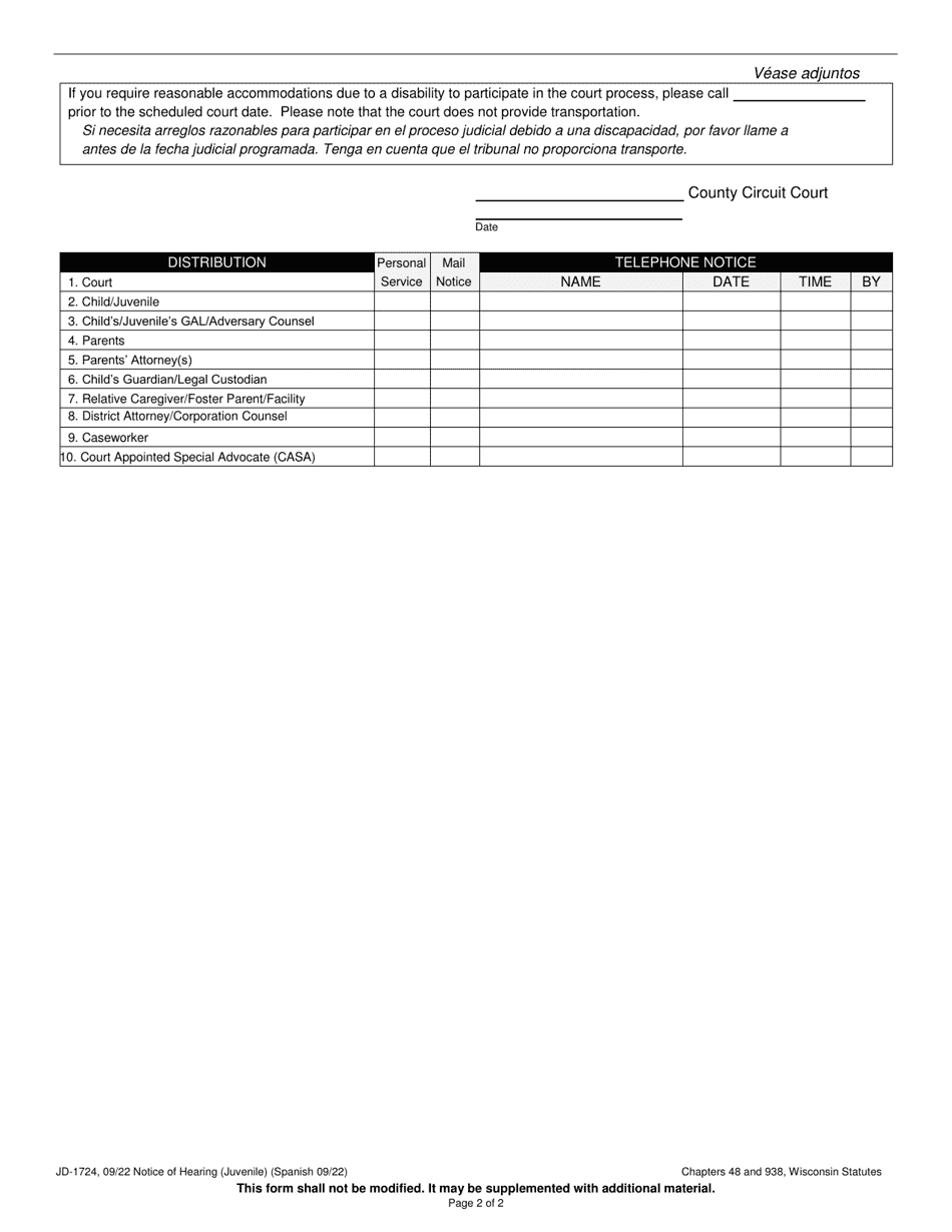 Form JD-1724 Notice of Hearing (Juvenile) - Wisconsin (English / Spanish), Page 2