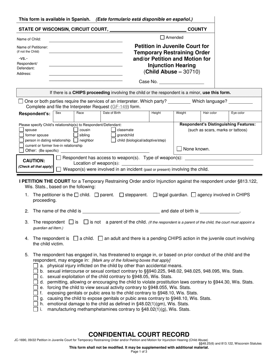 Form JC-1690 Petition in Juvenile Court for Temporary Restraining Order and / or Petition and Motion for Injunction Hearing - Wisconsin, Page 1