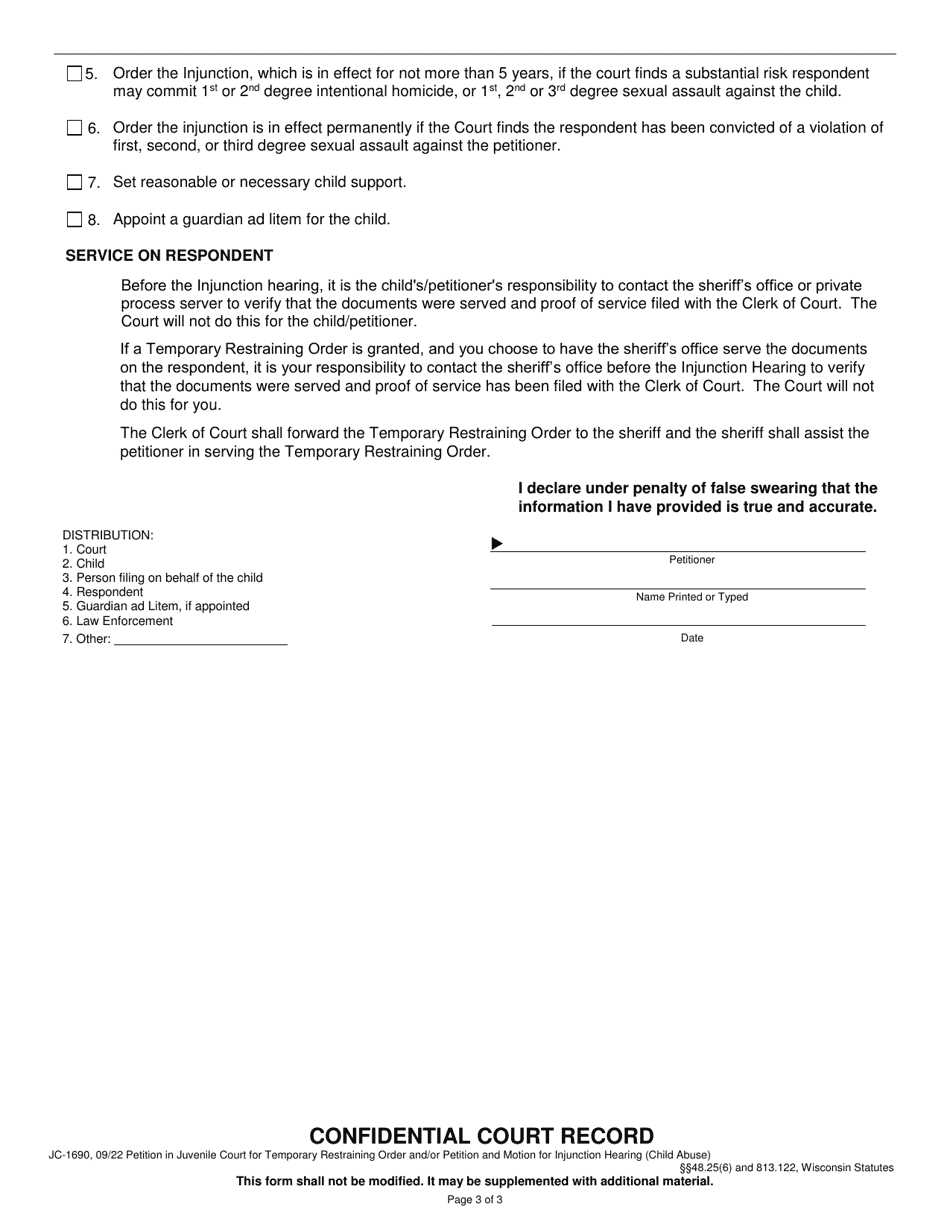 Form JC-1690 Petition in Juvenile Court for Temporary Restraining Order and / or Petition and Motion for Injunction Hearing - Wisconsin, Page 3