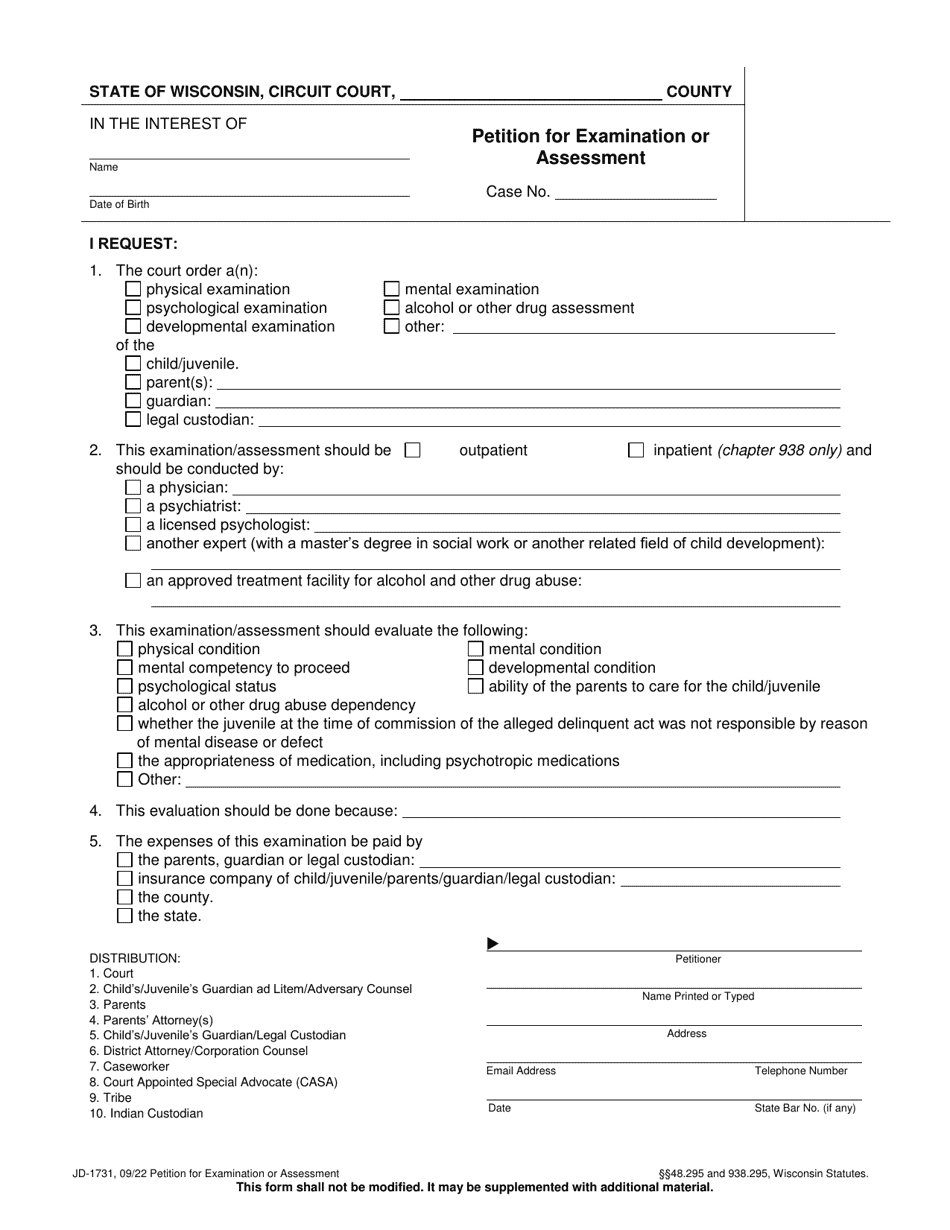 Form JD-1731 Petition for Examination or Assessment - Wisconsin, Page 1