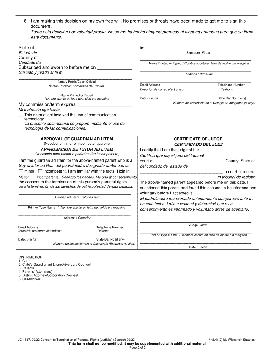 Form JC-1637 Consent to Termination of Parental Rights (Judicial) - Wisconsin (English / Spanish), Page 2