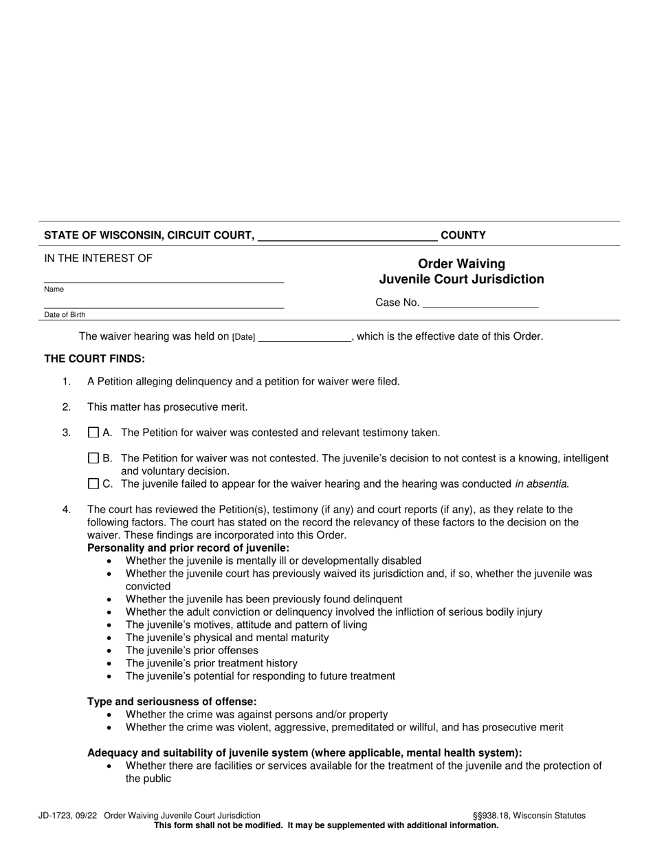 Form JD-1723 Order Waiving Juvenile Court Jurisdiction - Wisconsin, Page 1