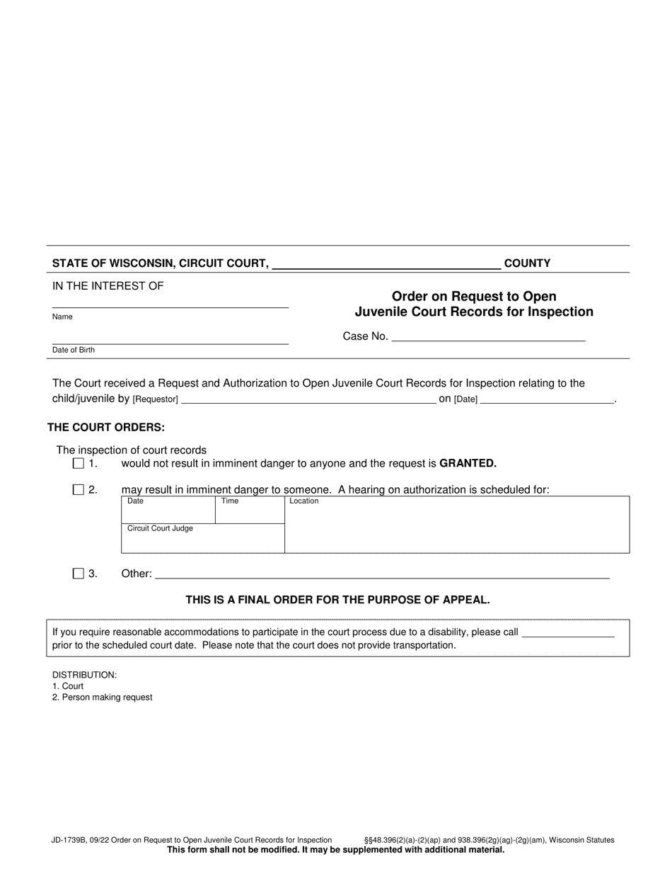 Form JD-1739B Order on Request to Open Juvenile Court Records for Inspection - Wisconsin, Page 1