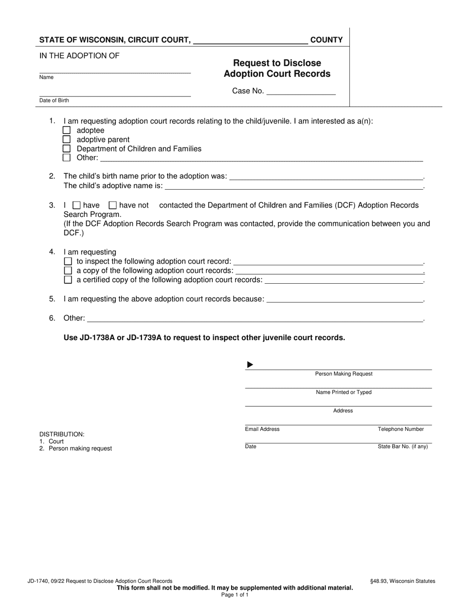Form JD-1740 Request to Disclose Adoption Court Records - Wisconsin, Page 1