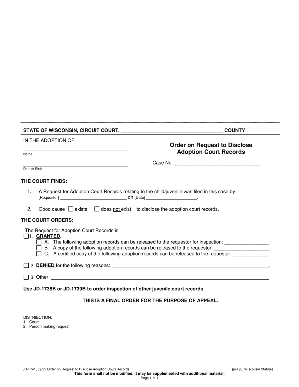 Form JD-1741 Order on Request to Disclose Adoption Court Records - Wisconsin, Page 1