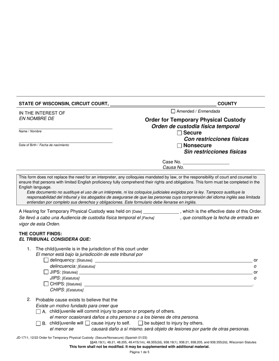 Form JD-1711 Order for Temporary Physical Custody - Wisconsin (English / Spanish), Page 1