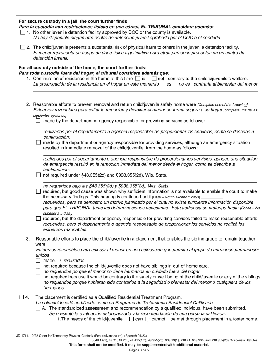 Form JD-1711 Order for Temporary Physical Custody - Wisconsin (English / Spanish), Page 3