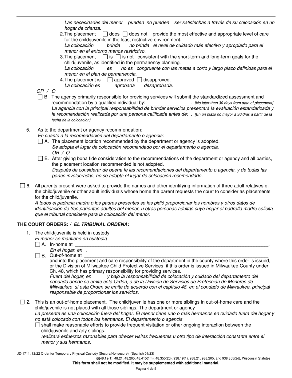 Form JD-1711 Order for Temporary Physical Custody - Wisconsin (English / Spanish), Page 4