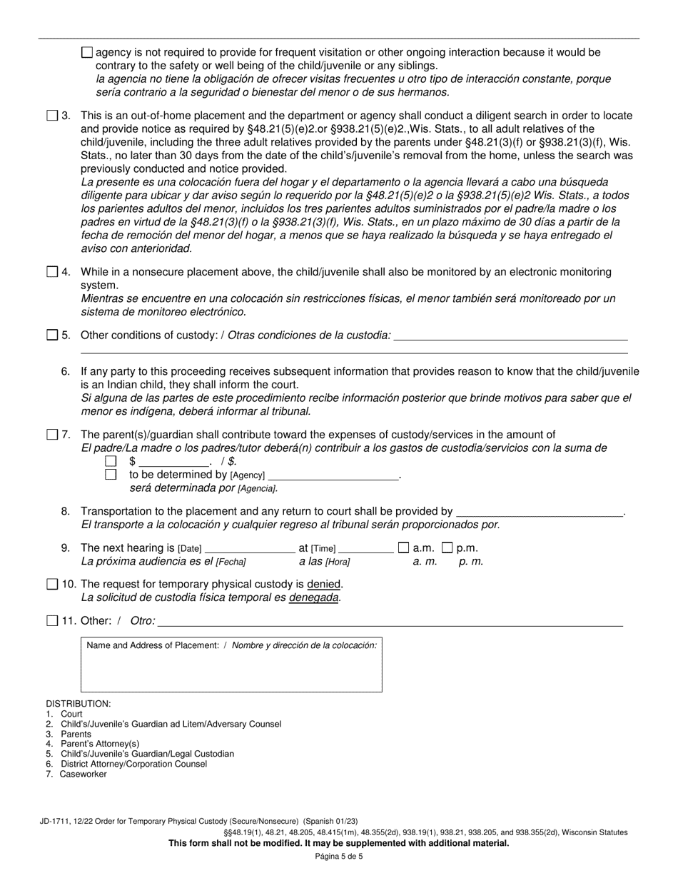 Form JD-1711 Order for Temporary Physical Custody - Wisconsin (English / Spanish), Page 5