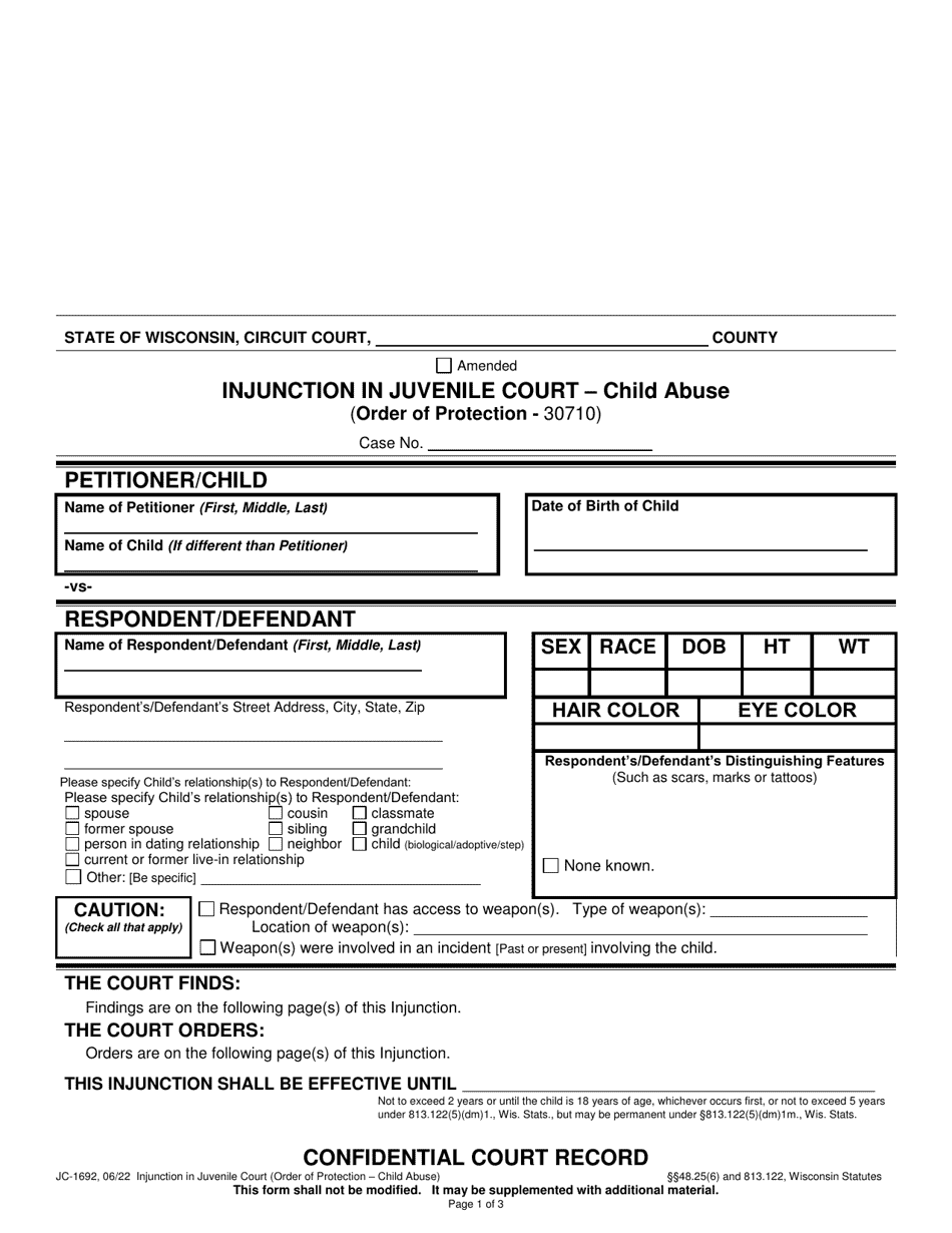 Form JC-1692 Injunction in Juvenile Court - Child Abuse - Wisconsin, Page 1